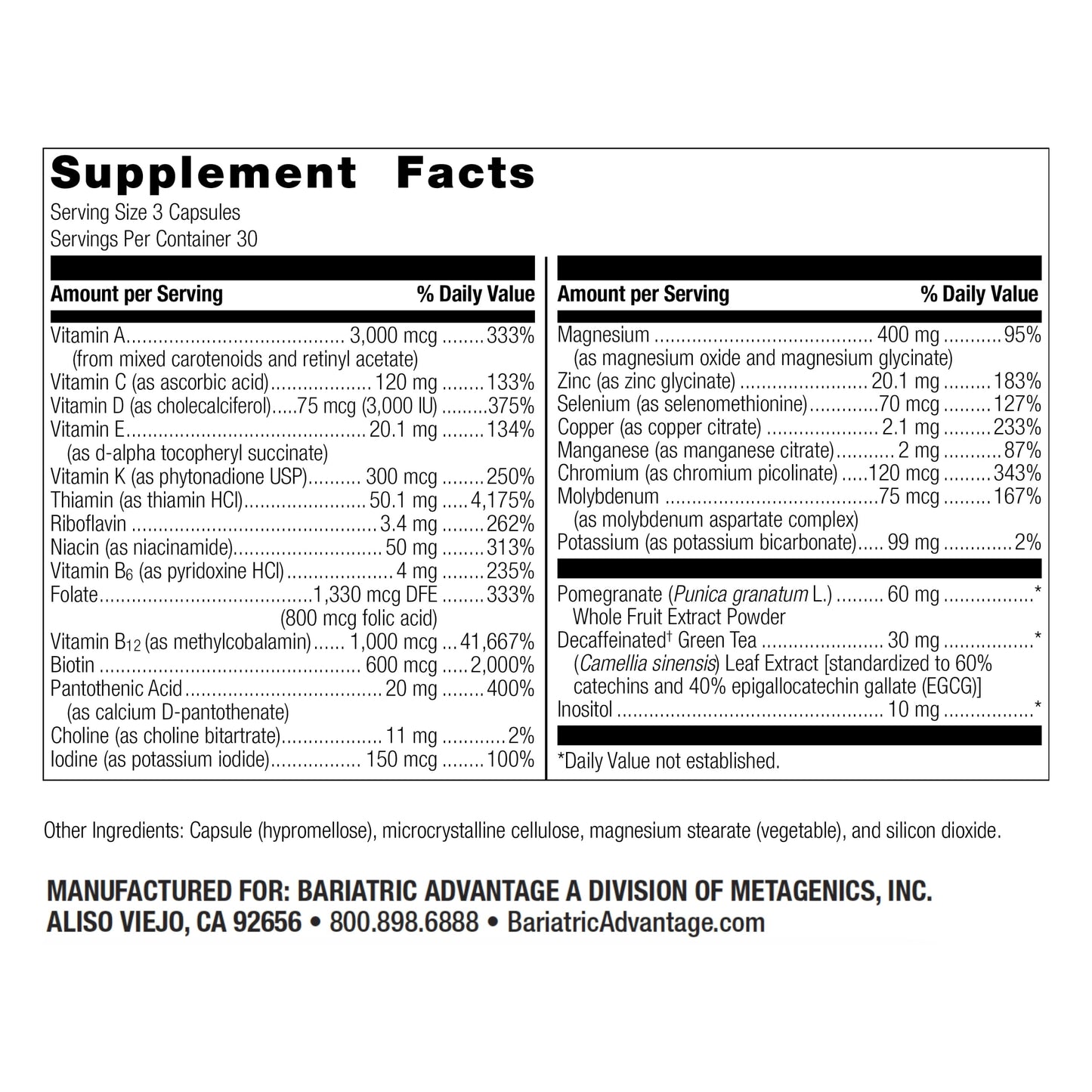 Bariatric Advantage Ultra Multi Without Iron – High Potency Bariatric Multivitamin (90 Capsules, 30 Servings)
