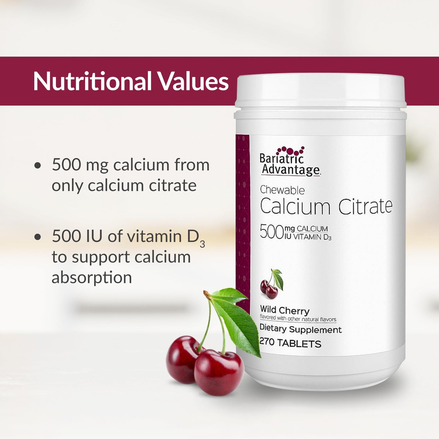 Bariatric Advantage Calcium Citrate Chewable 500mg with Vitamin D3 – Wild Cherry, 270 Count