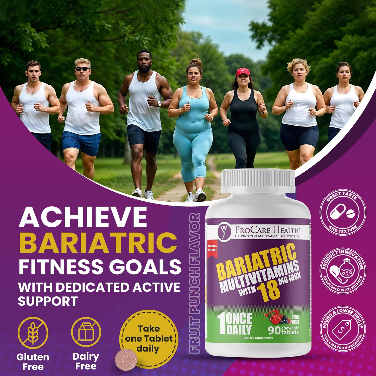 ProCare Health Bariatric Chewable Multivitamin with Iron 18mg (90 Tablets) - Fruit Punch Flavor - For Gastric Bypass & Sleeve Gastrectomy Patients* (3 Month Supply)