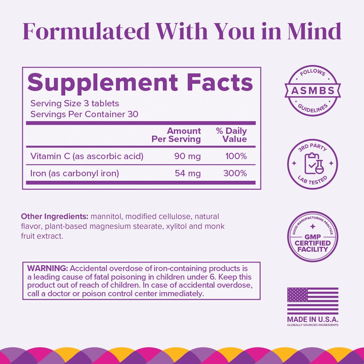 Barimelts Iron with Vitamin C | 90 Fast-Dissolving Tablets (Sugar-Free) for Women
