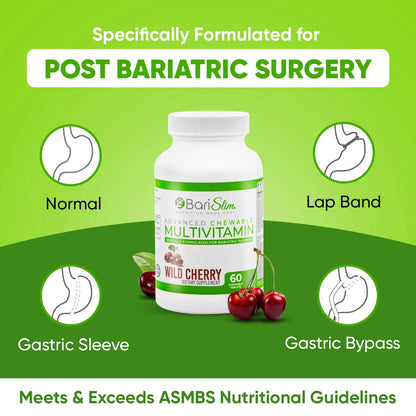 BariSlim Advanced Chewable Bariatric Multivitamins – Post-Surgery Nutrition (Wild Cherry, 60 Count)