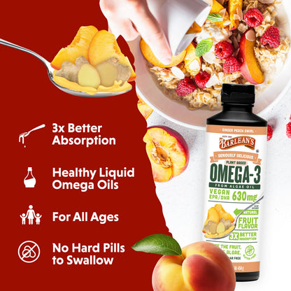 Barlean's Ginger Peach Vegan Omega-3 Algae Oil – 630 mg EPA & DHA, 16 oz