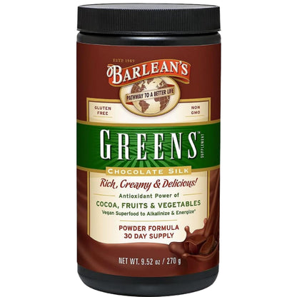 Barlean's Chocolate Greens Powder – Daily Greens Superfood, Fiber & Antioxidant Blend, 9.52 oz