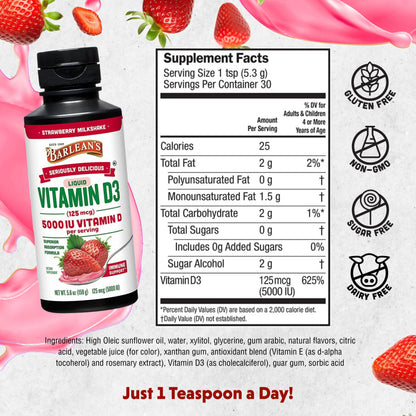 Barlean's Vitamin D3 Liquid 5000 IU – Pack of 2 (Strawberry Milkshake)