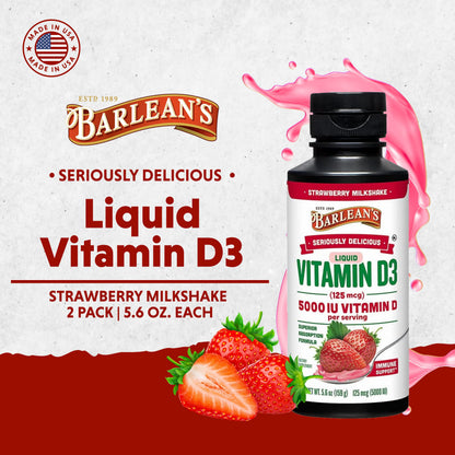 Barlean's Vitamin D3 Liquid 5000 IU – Pack of 2 (Strawberry Milkshake)