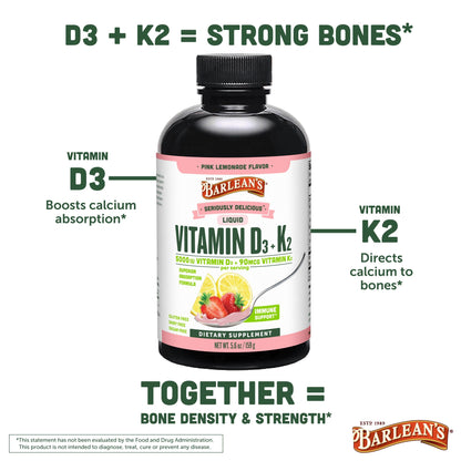 Barlean's D3+K2 Liquid Pack of 2 – Pink Lemonade, 5000 IU