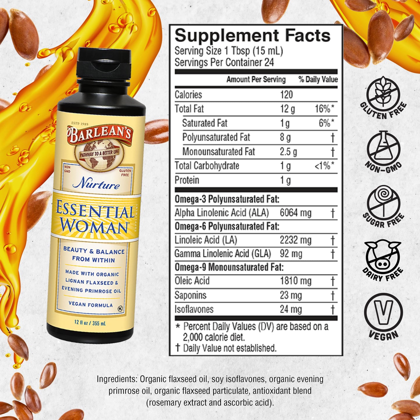 Barlean's Essential Woman Liquid Supplement – 12 oz, Omegas 3-6-9, Flaxseed & Evening Primrose Oil