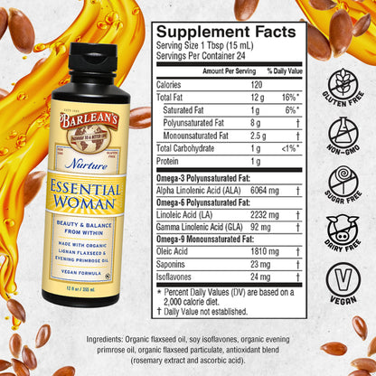 Barlean's Essential Woman Liquid Supplement – 12 oz, Omegas 3-6-9, Flaxseed & Evening Primrose Oil