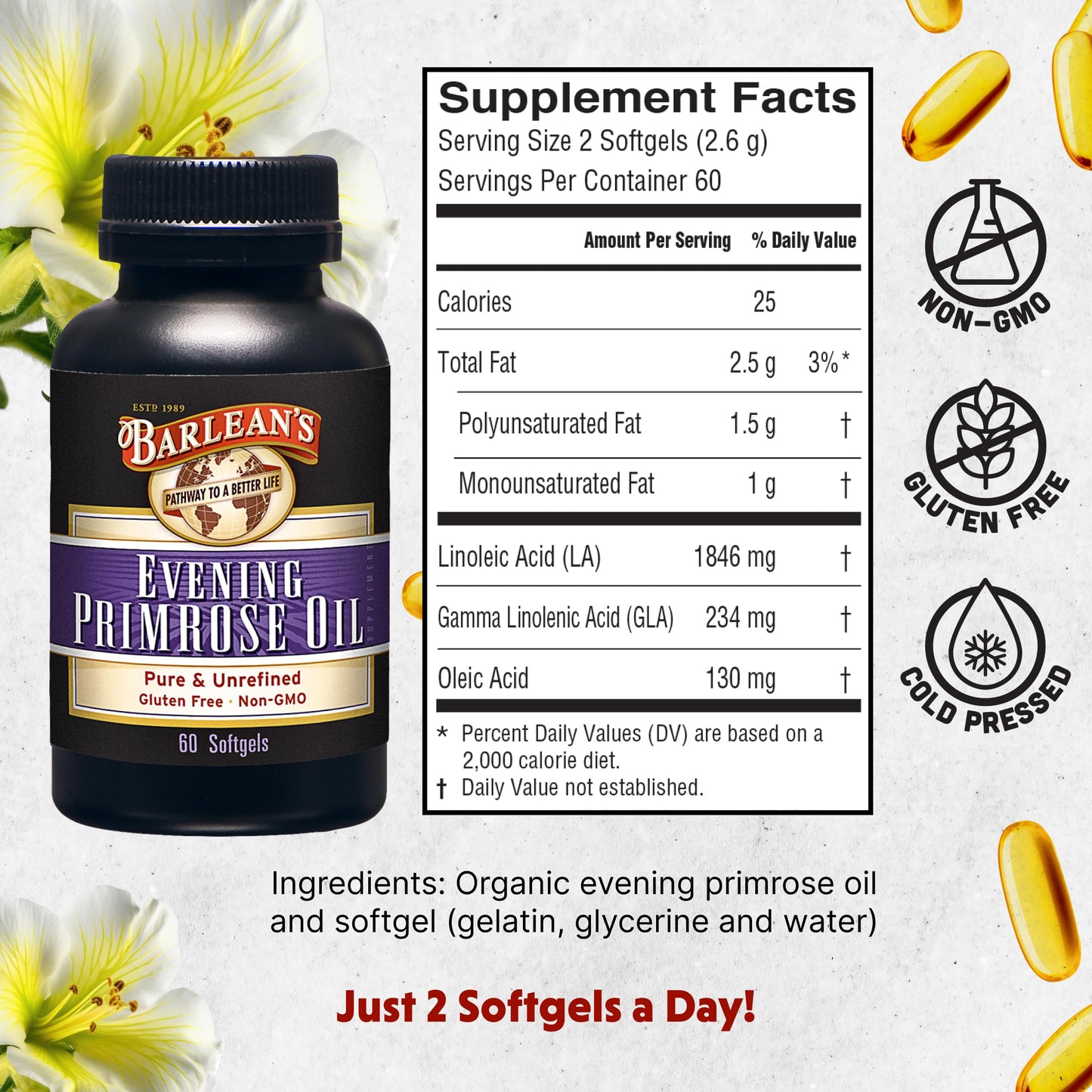 Barlean's Evening Primrose Oil Softgels with GLA - Non-GMO, Gluten-Free - 60 Softgels