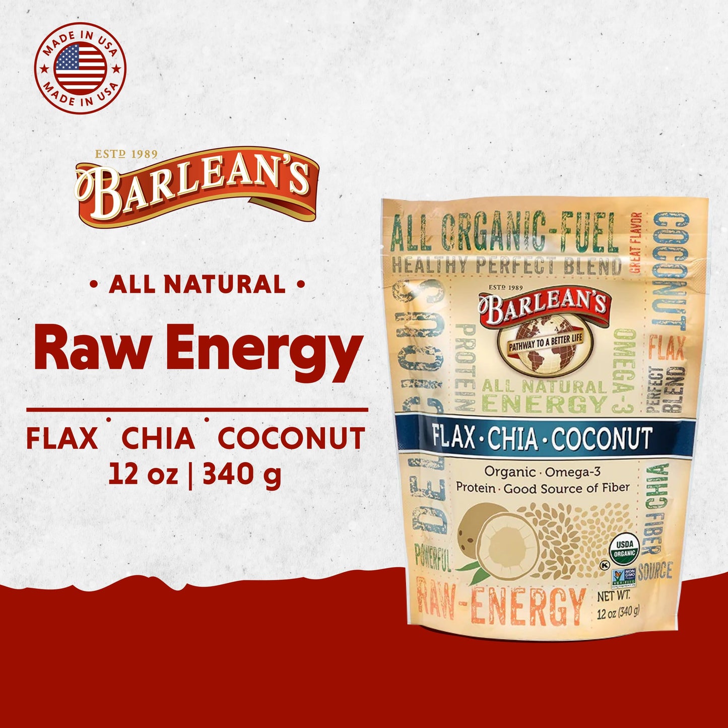 Barlean's Organic Flax Chia Coconut Seed Blend – 12 oz | 2,330 mg Omega-3 (ALA) & Fiber