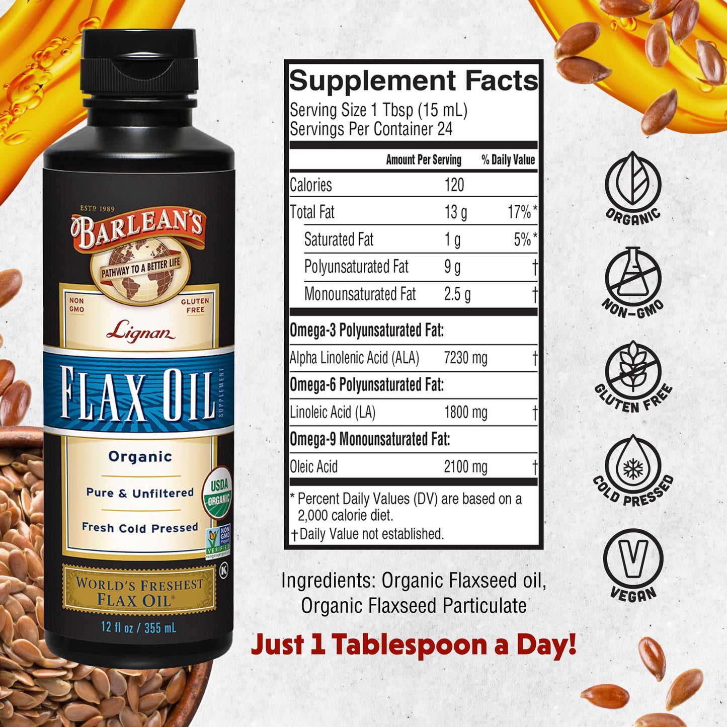 Barlean's Organic Lignan Flaxseed Oil – 12 oz, 7,230 mg ALA, Gluten Free