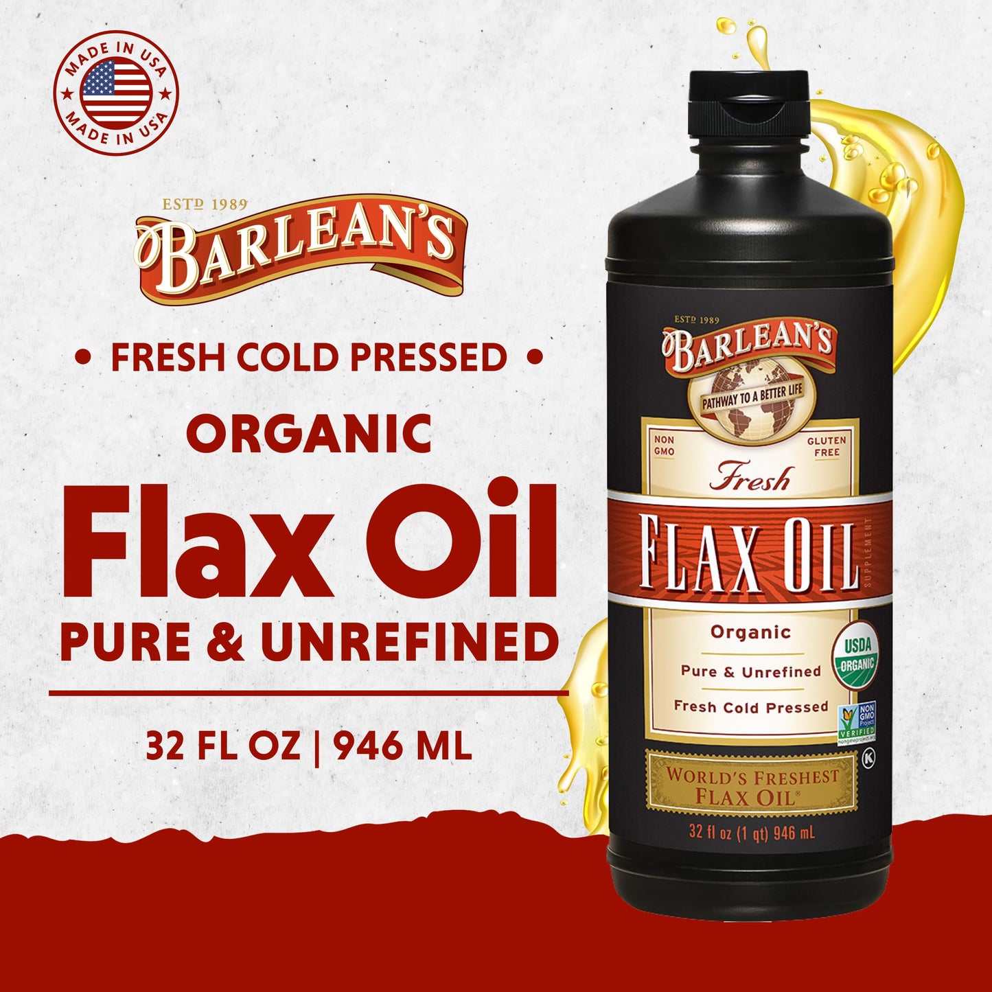 Barlean's Organic Flaxseed Oil Liquid Supplement – Cold-Pressed, 7,640 mg ALA Omega-3 per Tbsp, Vegan & Gluten Free, 32 oz