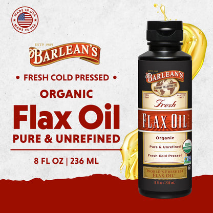 Barlean's Organic Flaxseed Oil - Cold-Pressed, 7,640 mg ALA Omega-3, 8 oz | Vegan & Gluten Free