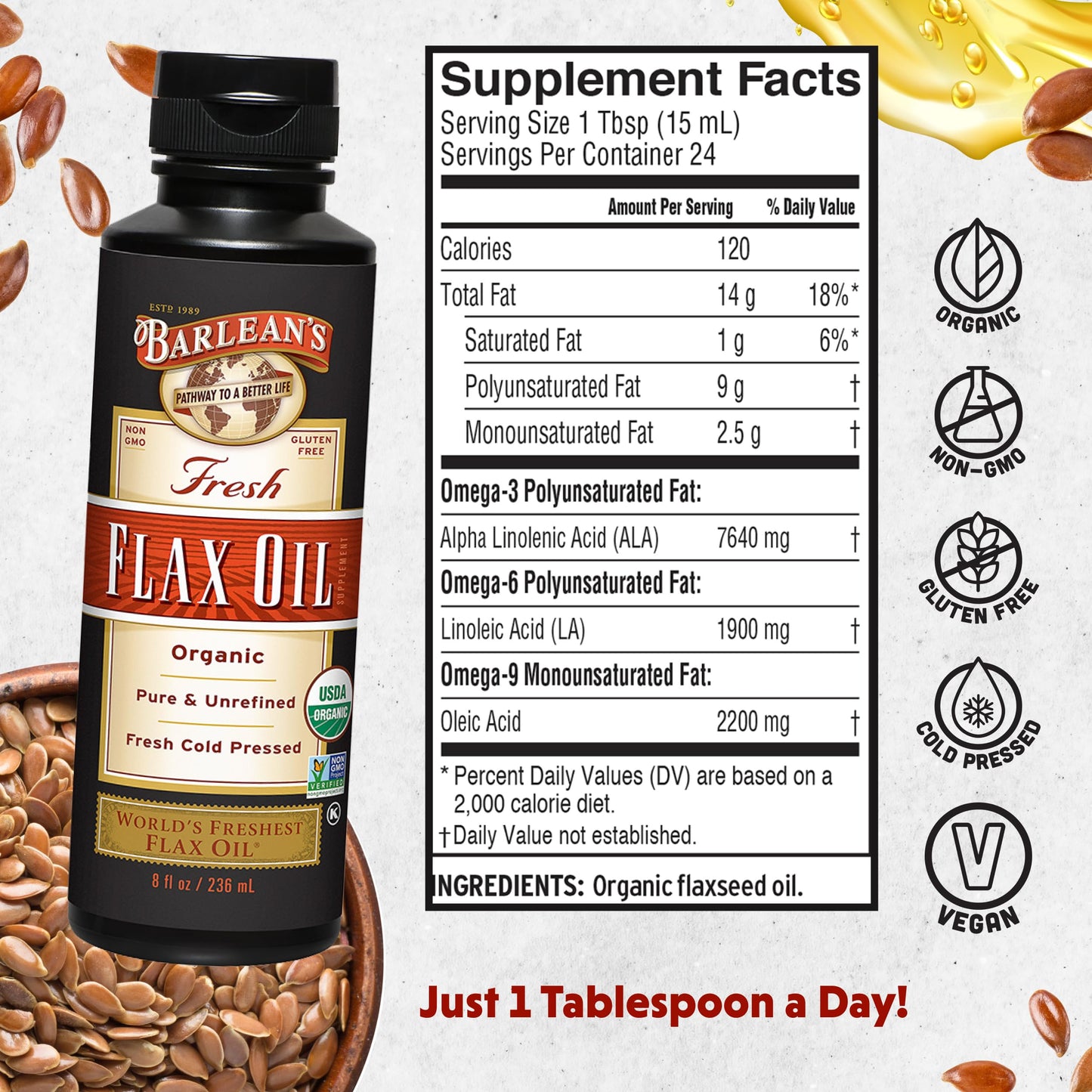 Barlean's Organic Flaxseed Oil – Cold-Pressed Vegan Omega-3, 12 oz