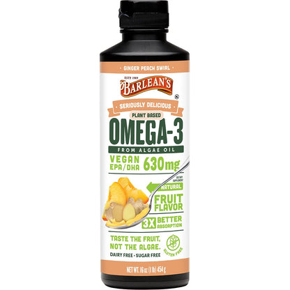 Barlean's Ginger Peach Vegan Omega-3 Algae Oil – 630 mg EPA & DHA, 16 oz