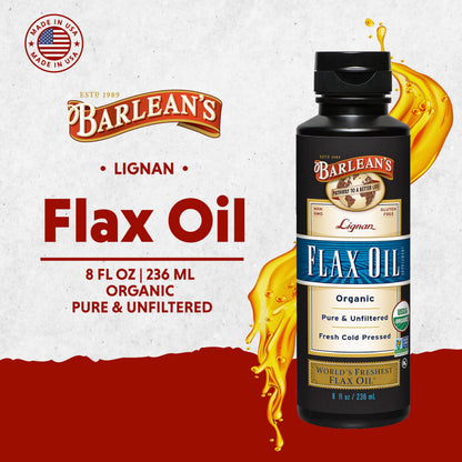 Barlean's Organic Lignan Flaxseed Oil – Cold-Pressed, 7,230 mg ALA, Vegan & Gluten-Free, 8 oz