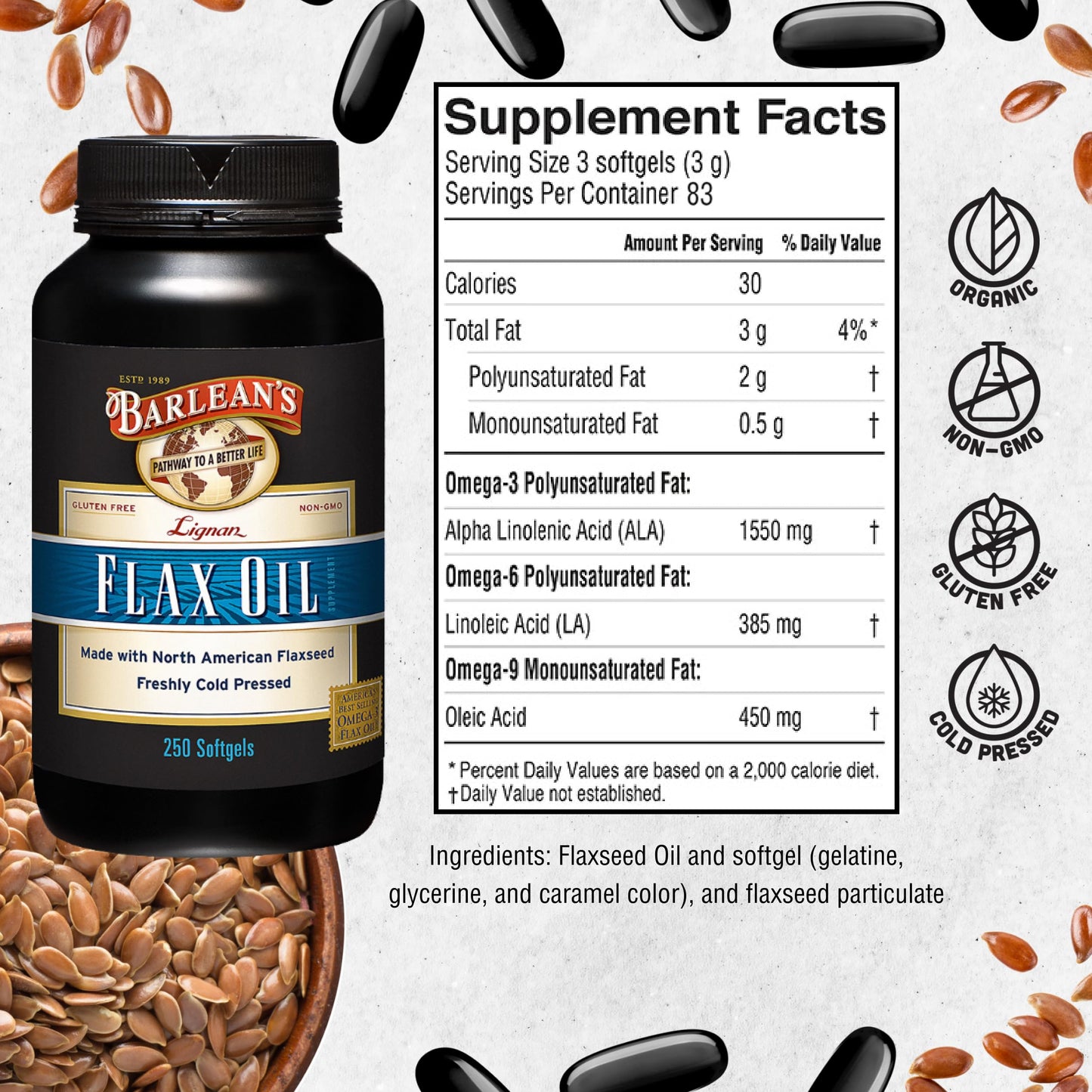 Barlean's Lignan Flaxseed Oil Softgels – 1,550 mg ALA Omega-3, Cold-Pressed, 1000 mg, 250 ct