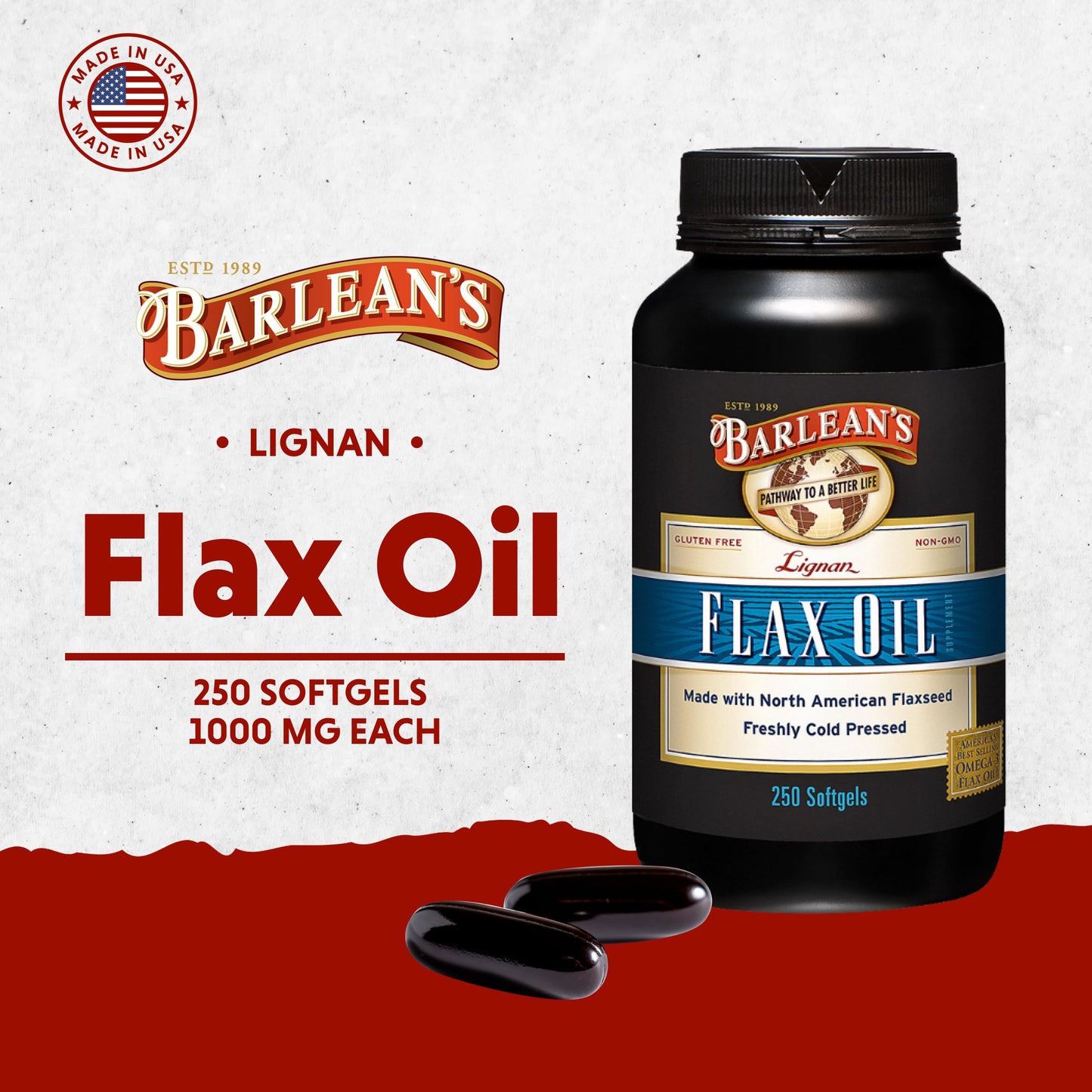 Barlean's Lignan Flaxseed Oil Softgels – 1,550 mg ALA Omega-3, Cold-Pressed, 1000 mg, 250 ct