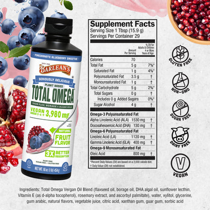 Barlean's Liquid Flaxseed, Borage & Algae Oils – Omega-3-6-9, Pomegranate Blueberry, Vegan EPA/DHA, 16 oz