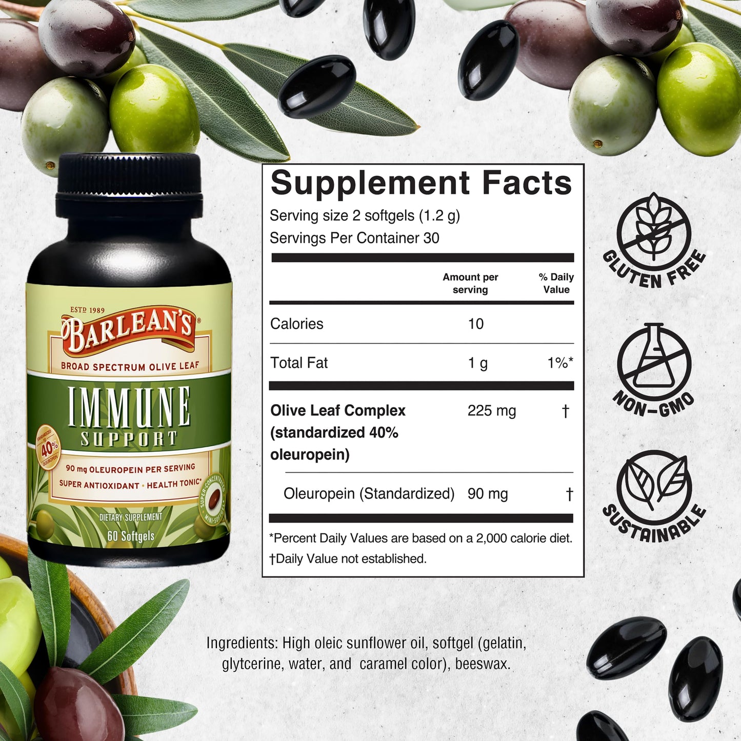 Barlean's Olive Leaf Complex Softgels – Immune Support, 90 mg Oleuropein | 60 Count