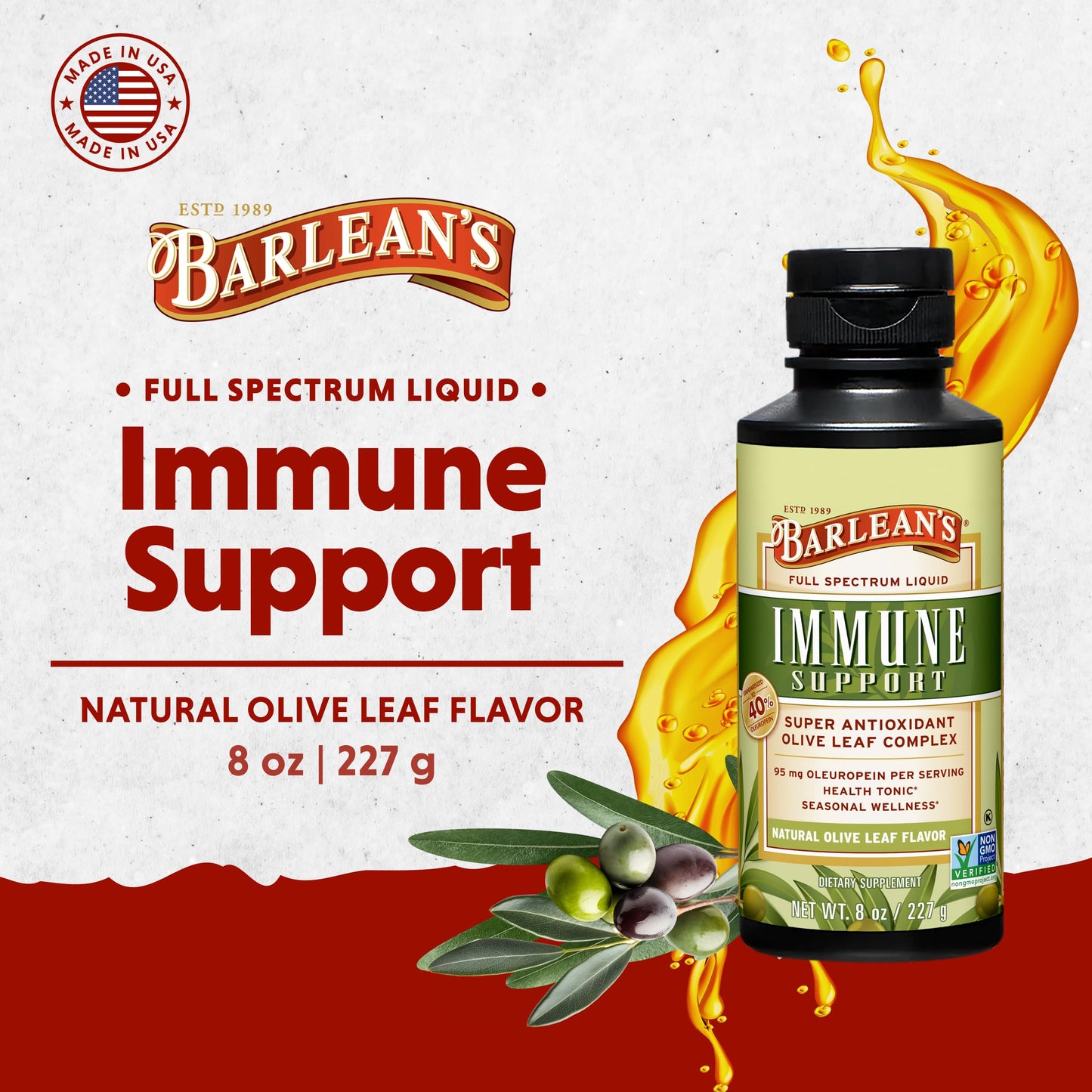 Barlean's Olive Leaf Complex Liquid Immune Support - 95 mg Oleuropein, 8 oz