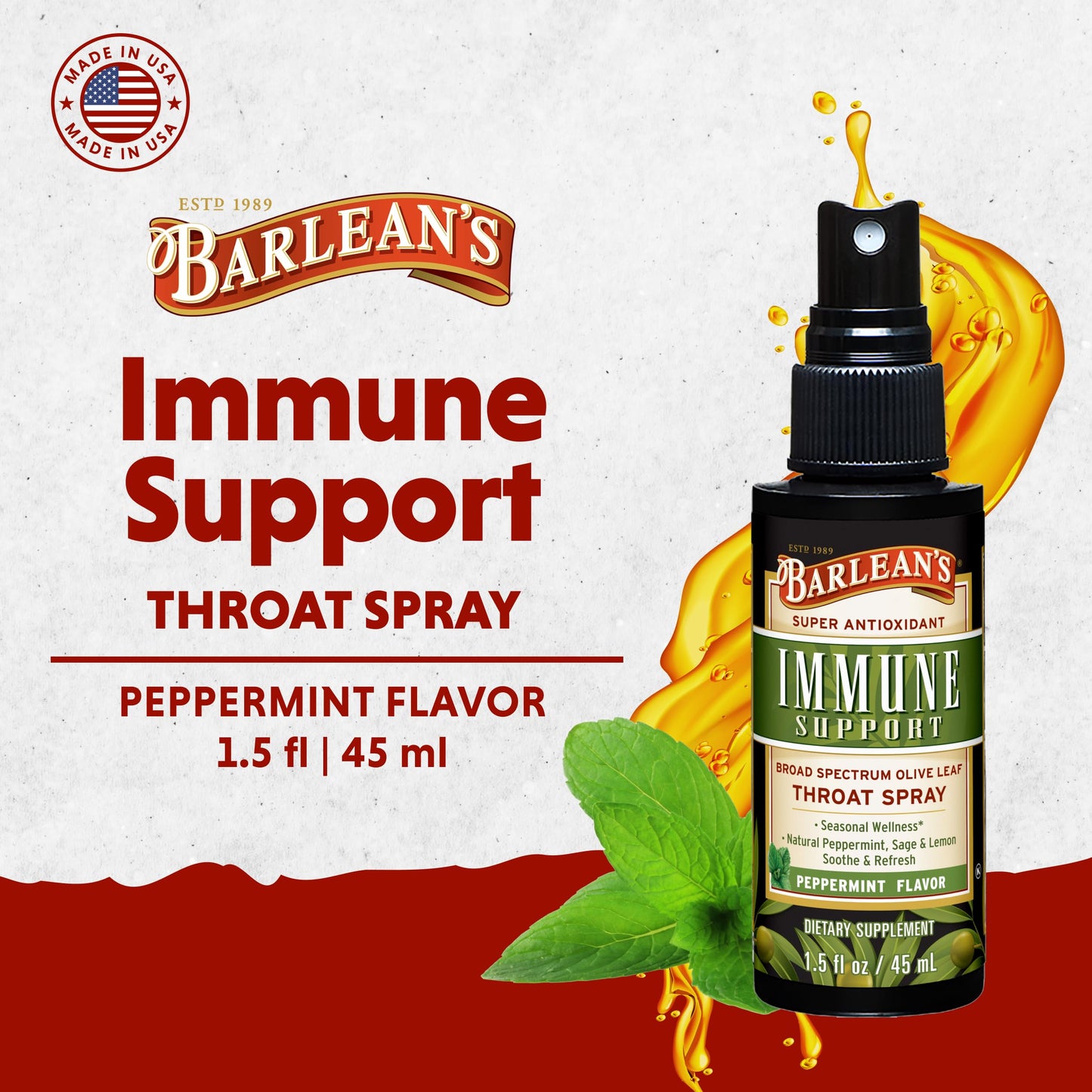 Barlean's Olive Leaf Complex Throat Spray - Immune Support, Itchy Throat Relief (1.5 oz)