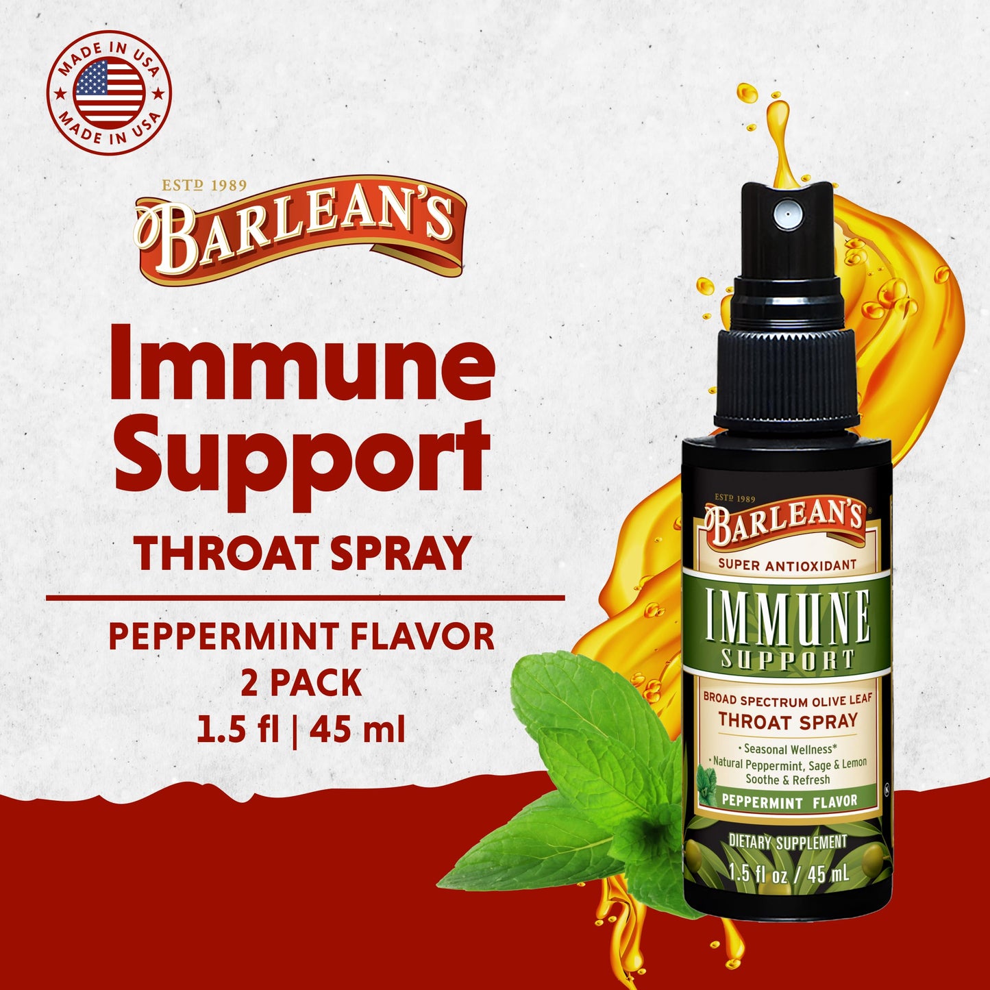 Barlean's Olive Leaf Complex Throat Spray (2 Pack) – Peppermint, Lemon & Sage, 1.5 oz
