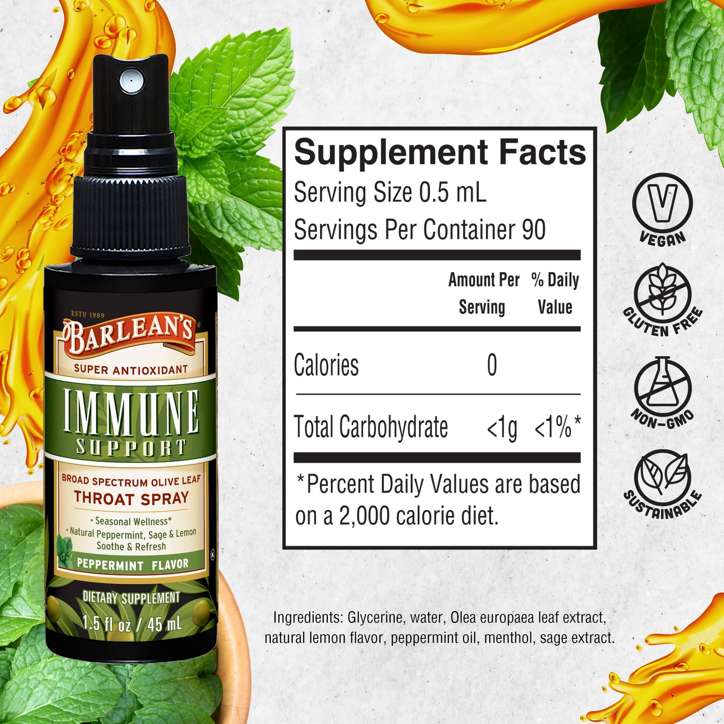 Barlean's Olive Leaf Complex Throat Spray (2 Pack) – Peppermint, Lemon & Sage, 1.5 oz