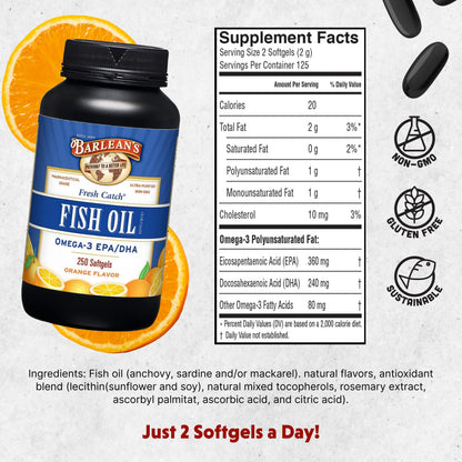 Barlean's Omega-3 Fish Oil 600mg Softgels (Orange Flavor) – EPA 360mg / DHA 240mg, 250 Count