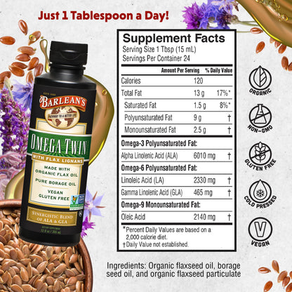 Barlean's Omega Twin Liquid Flaxseed Oil & Borage Oil with Lignans – 12 oz