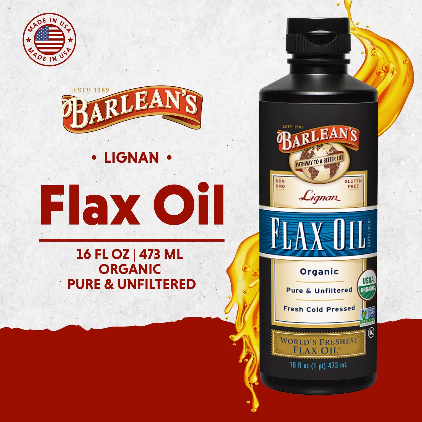 Barlean's Organic Lignan Flaxseed Oil - 16 oz, 7,230 mg ALA, Vegan & Gluten Free