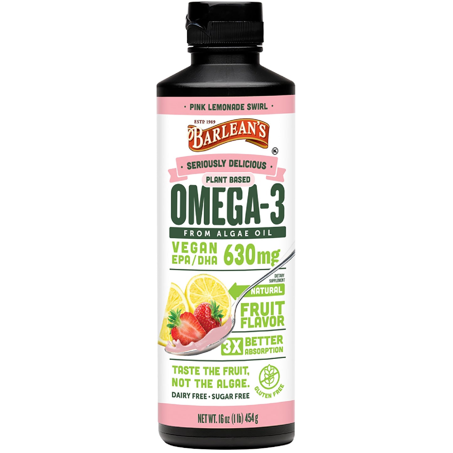 Barlean's Pink Lemonade Vegan Omega-3 Algae Oil – 630 mg EPA & DHA, 16 oz