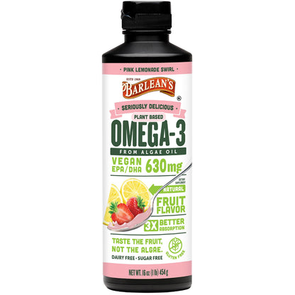Barlean's Pink Lemonade Vegan Omega-3 Algae Oil – 630 mg EPA & DHA, 16 oz