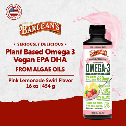 Barlean's Pink Lemonade Vegan Omega-3 Algae Oil – 630 mg EPA & DHA, 16 oz