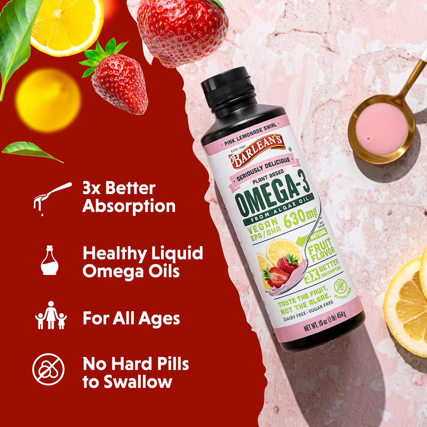 Barlean's Pink Lemonade Vegan Omega-3 Algae Oil – 630 mg EPA & DHA, 16 oz