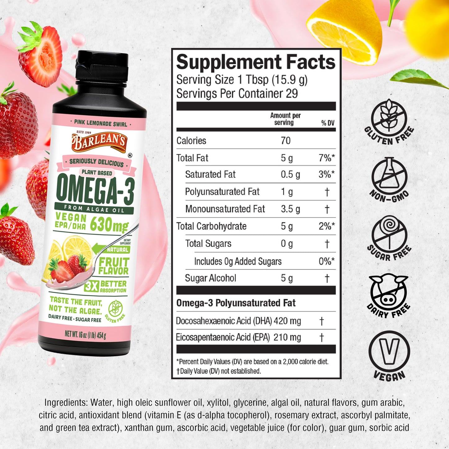 Barlean's Pink Lemonade Vegan Omega-3 Algae Oil – 630 mg EPA & DHA, 16 oz