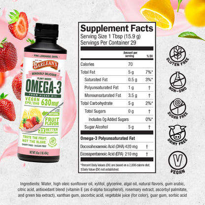 Barlean's Pink Lemonade Vegan Omega-3 Algae Oil – 630 mg EPA & DHA, 16 oz