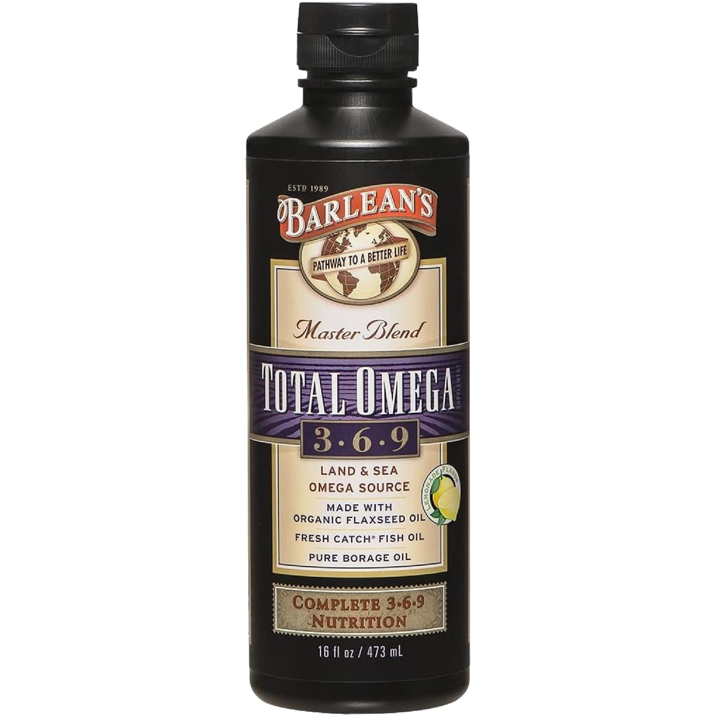 Barlean's Total Omega 3 6 9 Liquid – Lemon Flavor, 16 oz | 6,468 mg Omegas