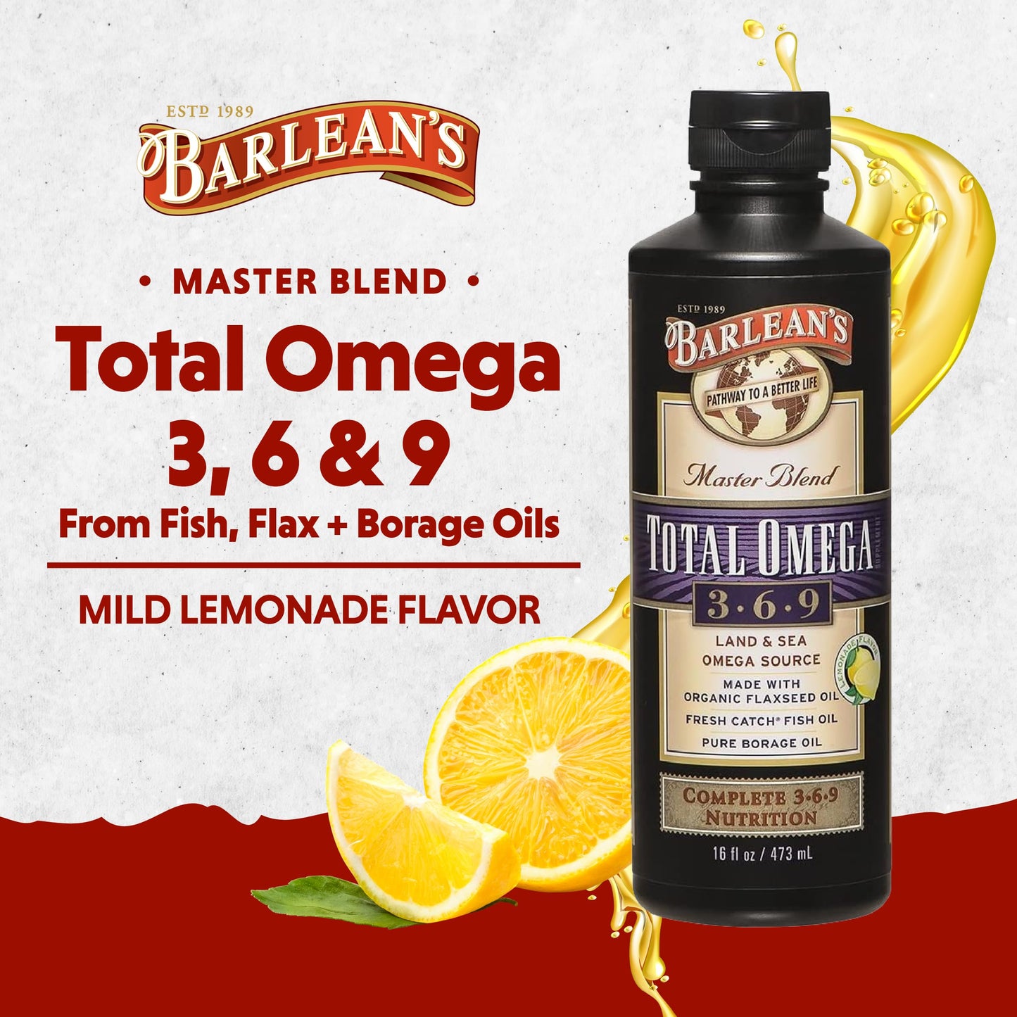 Barlean's Total Omega 3 6 9 Liquid – Lemon Flavor, 16 oz | 6,468 mg Omegas