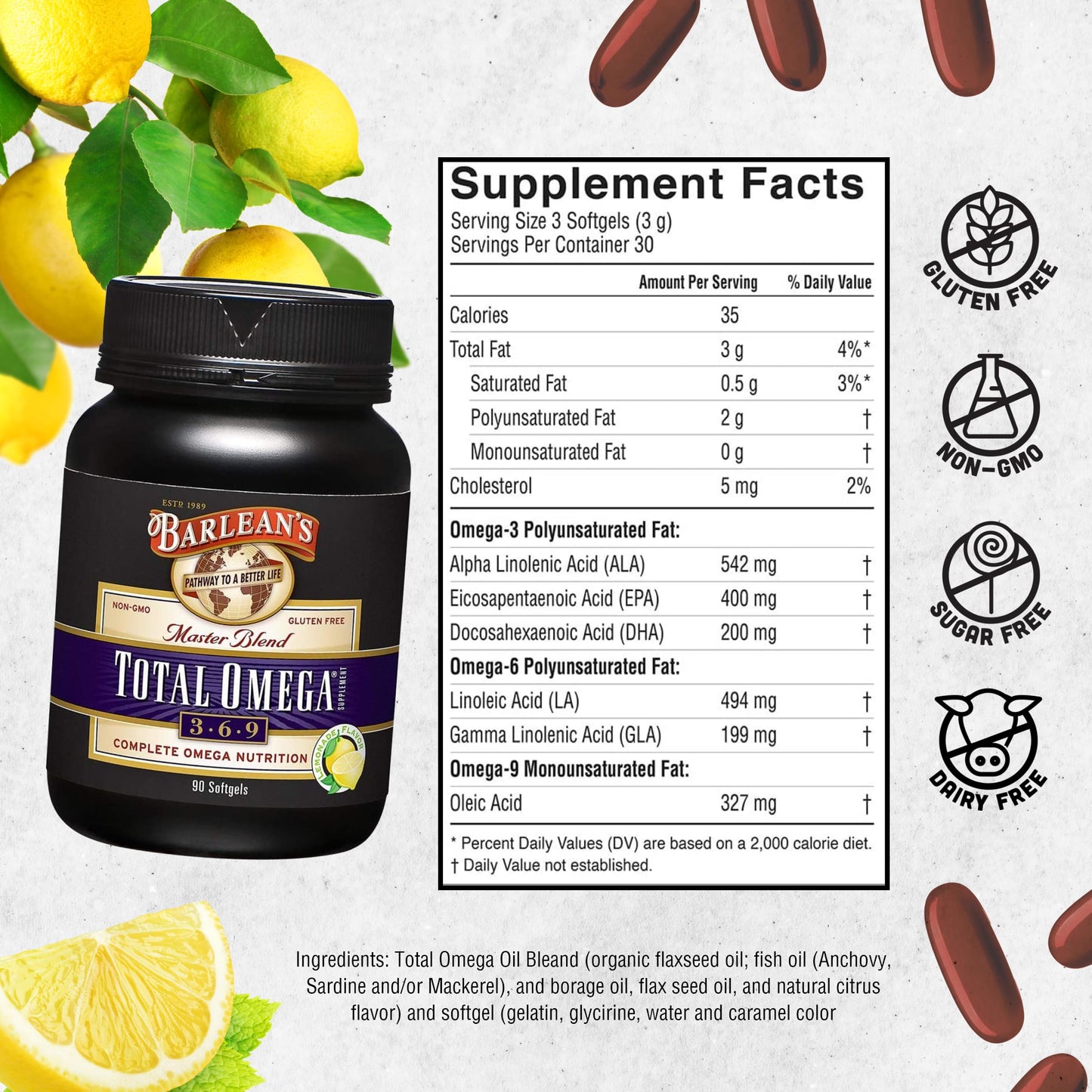 Barlean's Total Omega 3 6 9 Softgels – 90 Count | Heart Health & Joint Support