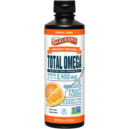 Barlean's Total Omega 3 6 9 Liquid – Orange Crème, 2,400 mg Omegas per Serving, 16 oz