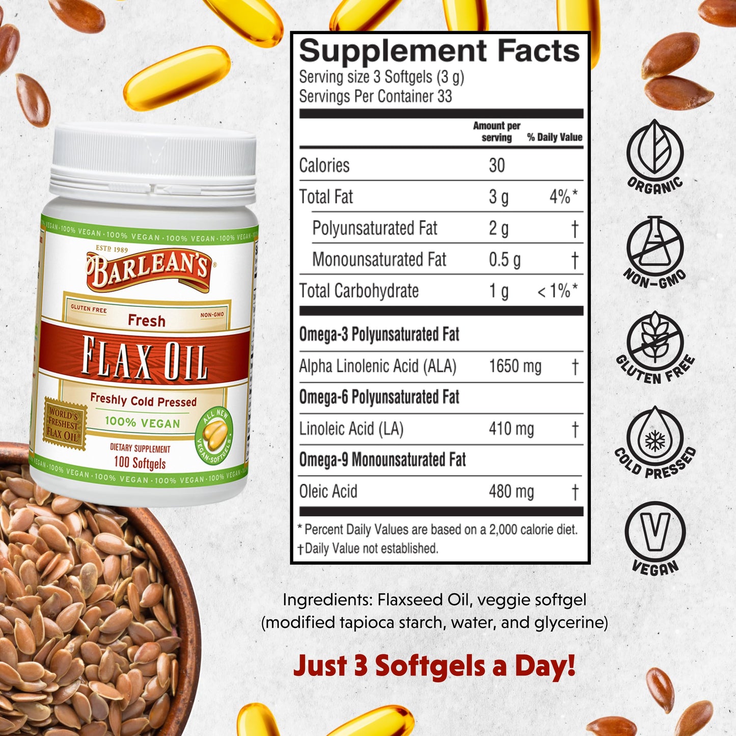 Barlean's Vegan Flaxseed Oil Softgels — 1650 mg ALA, Cold-Pressed, 100 Count