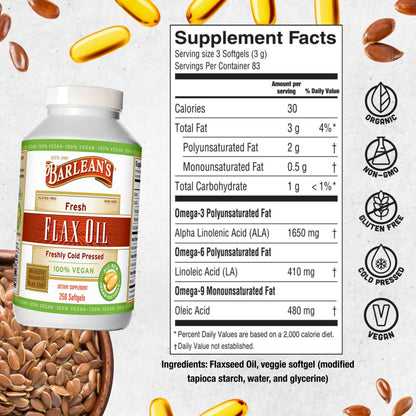 Barlean's Vegan Flaxseed Oil Softgels – 1650 mg ALA, Cold-Pressed, 250 Count