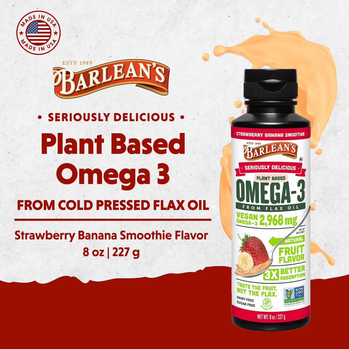 Barlean's Vegan Omega 3-6-9 Flaxseed Oil – Strawberry Banana, 16 oz
