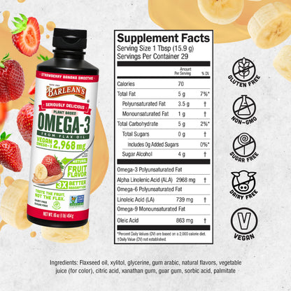 Barlean's Vegan Omega 3-6-9 Flaxseed Oil – Strawberry Banana, 16 oz