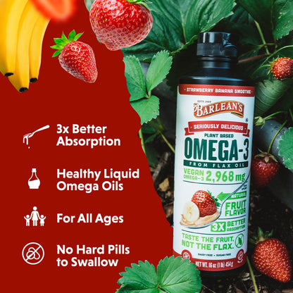 Barlean's Vegan Omega 3-6-9 Flaxseed Oil – Strawberry Banana, 16 oz