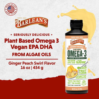 Barlean's Ginger Peach Vegan Omega-3 Algae Oil – 630 mg EPA & DHA, 16 oz