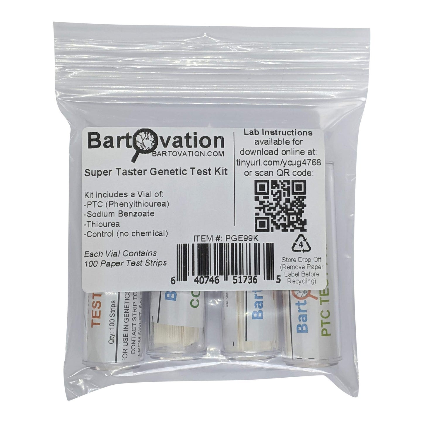 Bartovation Super Taster Test Genetics Lab Kit with Instructions, Phenylthiourea (PTC), Sodium Benzoate [Each Vial Includes 100 Paper Strips]