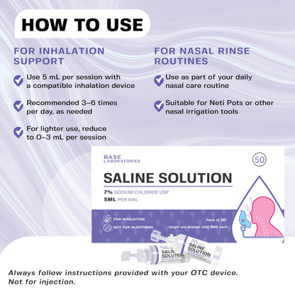 BASE LABORATORIES 7% Saline Solution for Nebulizer – 50 x 5ml Vials