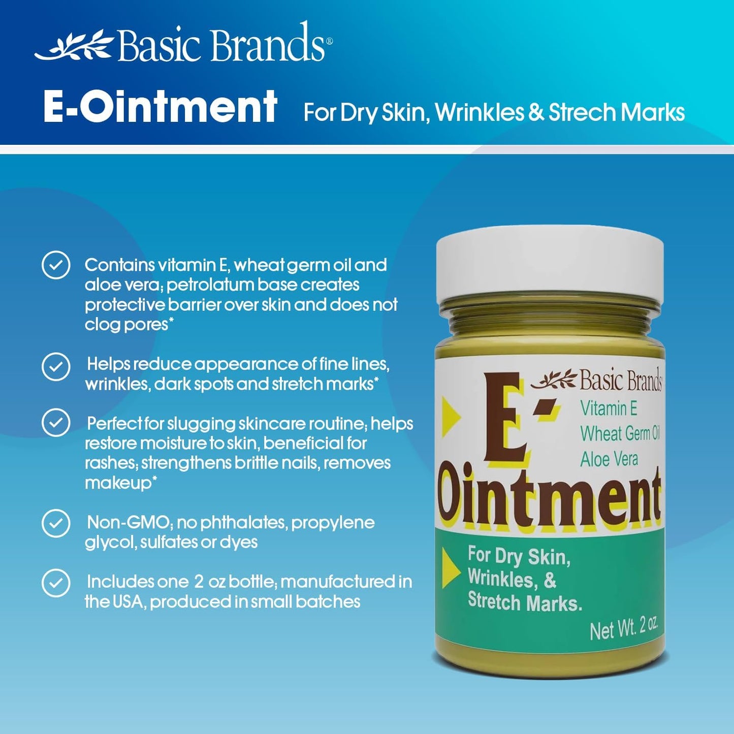 Basic Organics Vitamin E Ointment, 2 oz – Moisture Boost, Supports Scars & Fine Lines